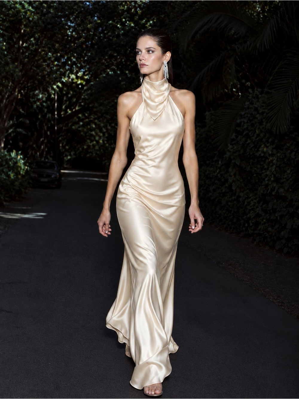 Zara Cream Satin Halter Maxi Dress